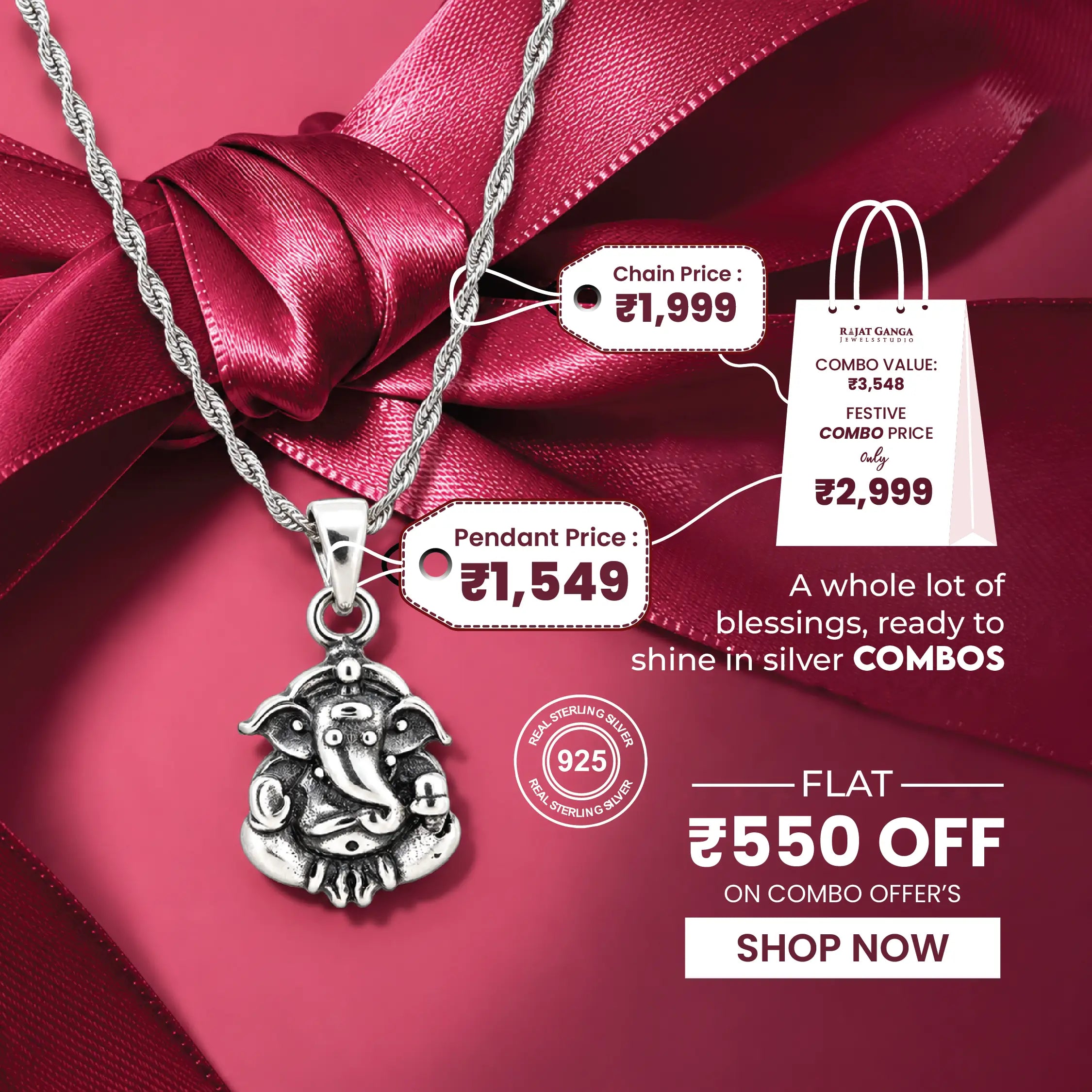 Divine Ganpati Circle Pendant with Twisted Glow Silver Chain