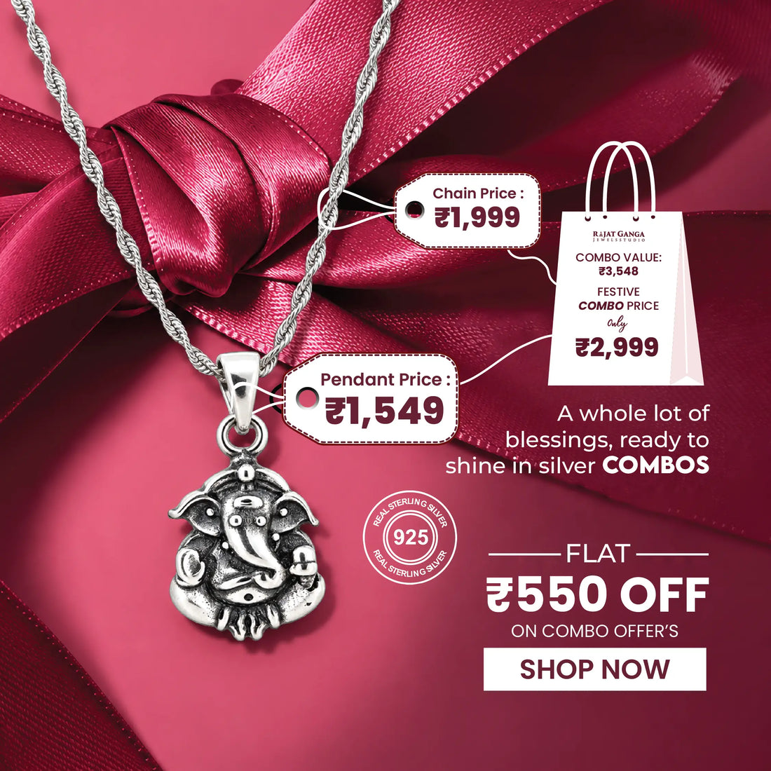 Divine Ganpati Circle Pendant with Twisted Glow Silver Chain