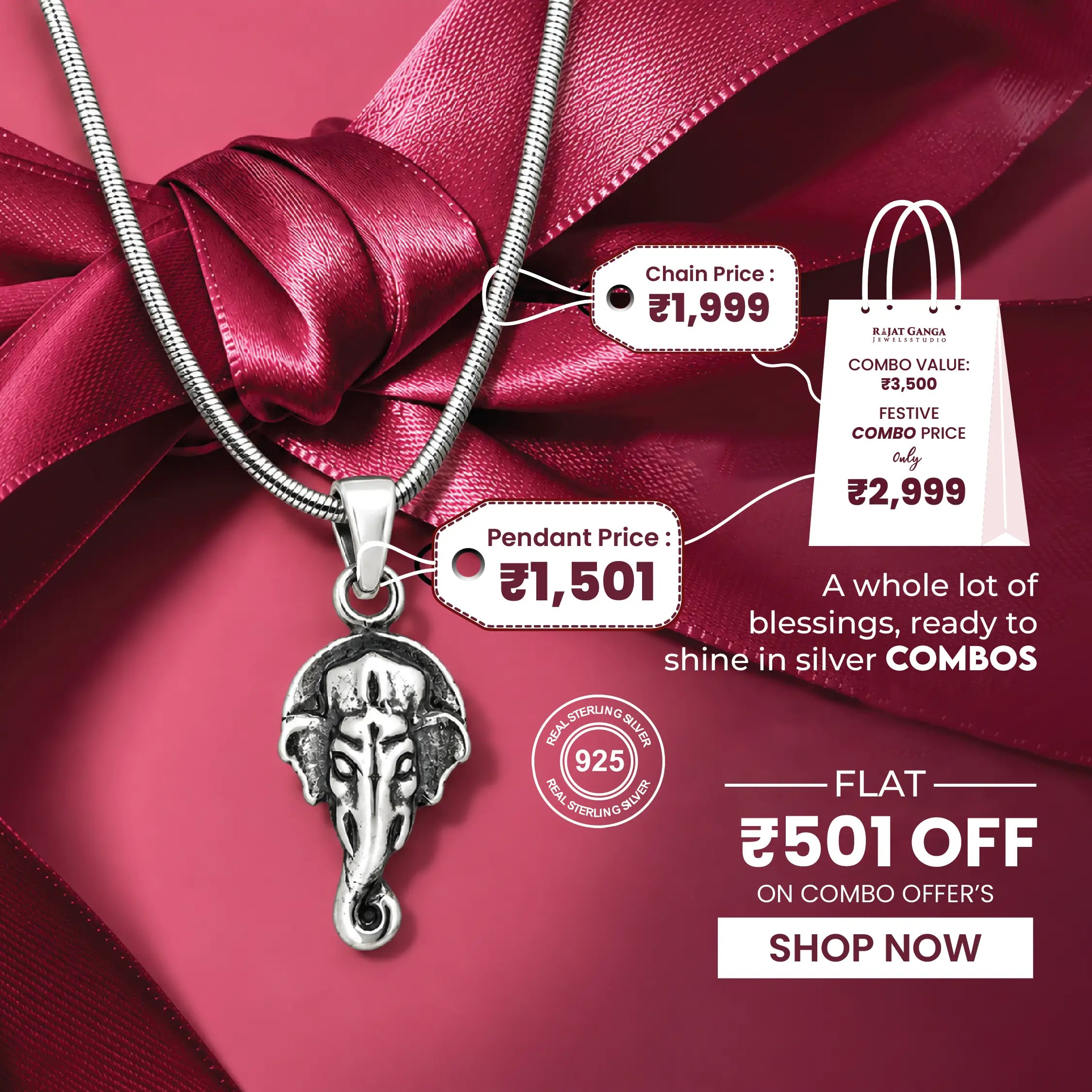 Lord Ganesha Pendant with Silver Chain – Divine & Elegant Combo - Made With Pure 925 Silver