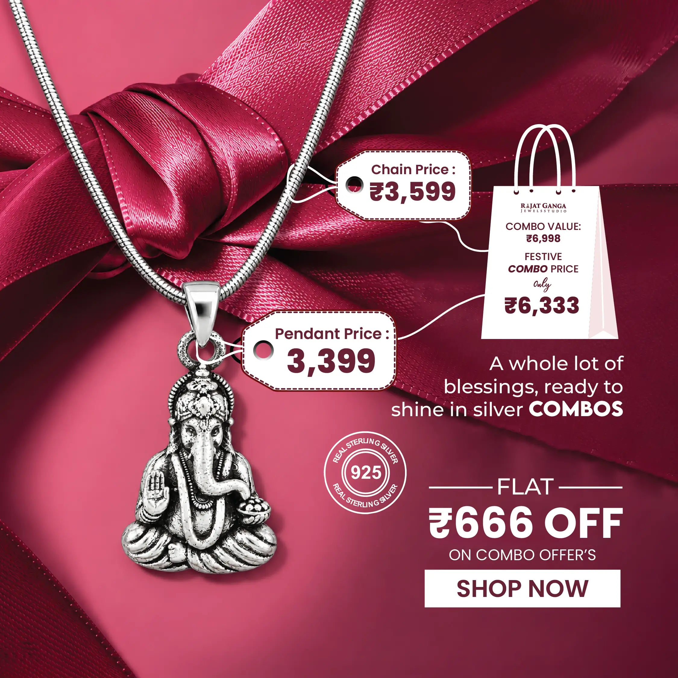 Meditative Lord Ganesha Pendant with Silver Chain – Spiritual & Elegant Combo - Made With Pure 925 Silver