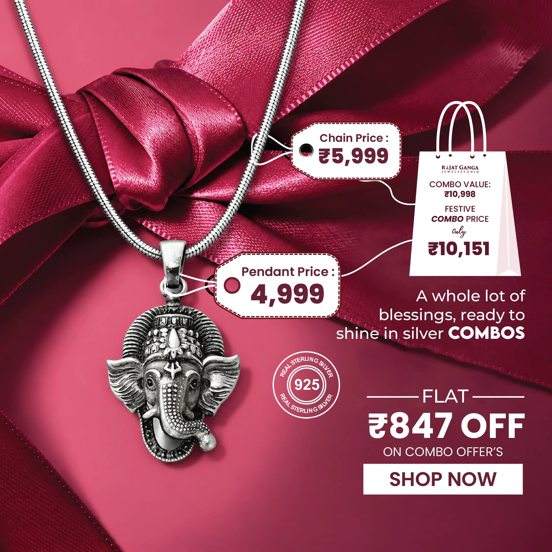 Lord Ganesha Pendant with Silver Chain – Divine & Artistic Combo - Made With Pure 925 Silver