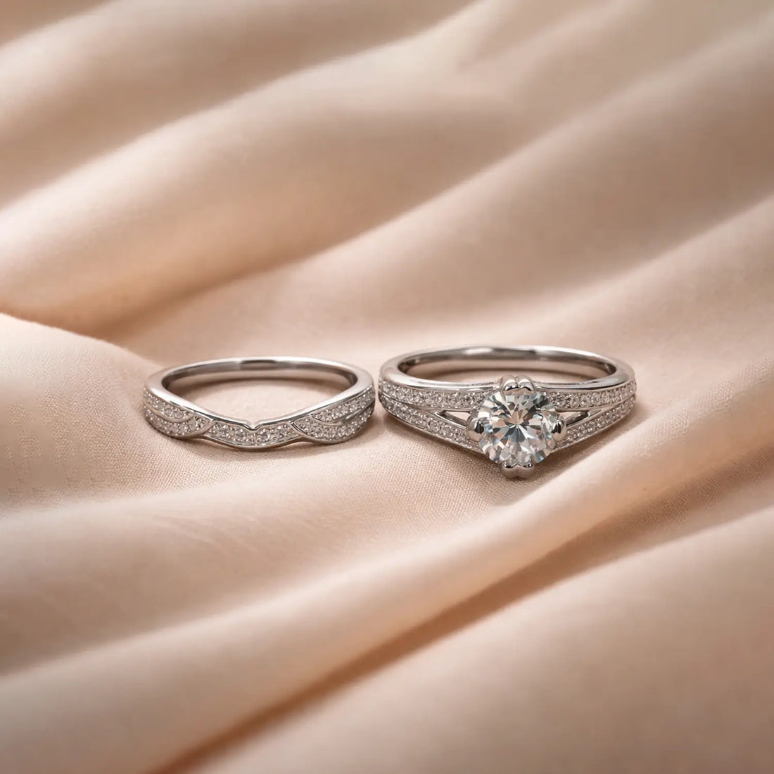 Silver Diamond Couple Ring  Set - Made With Pure 925 Silver