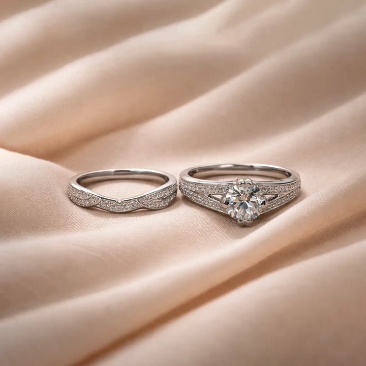 Silver Diamond Couple Ring  Set - Made With Pure 925 Silver