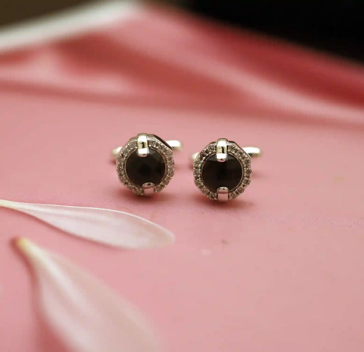 Classic Round Pure Silver Cufflinks with Black Stone- Made With Pure 925 Silver
