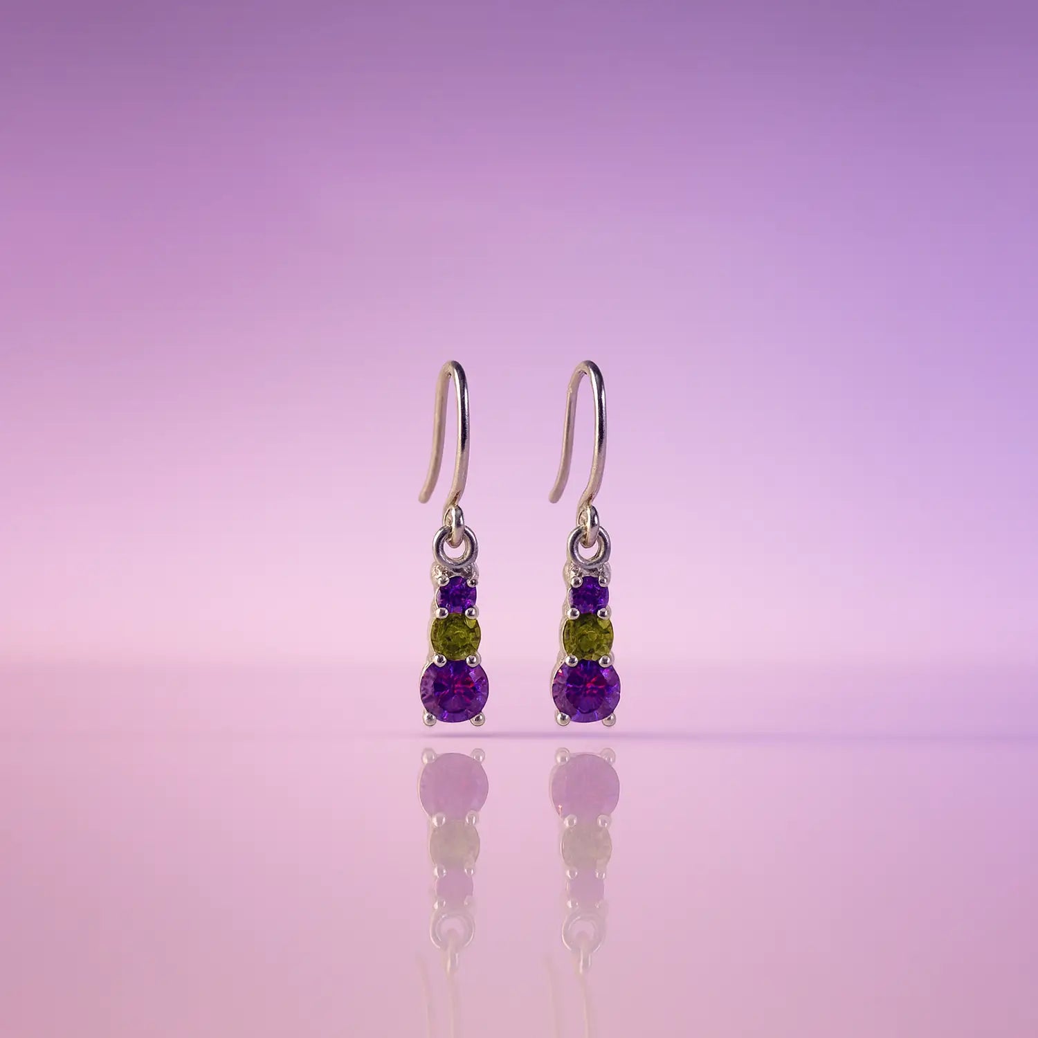 Pure Silver Drop Earrings with Amethyst & Peridot Accents- Made With Pure 925 Silver