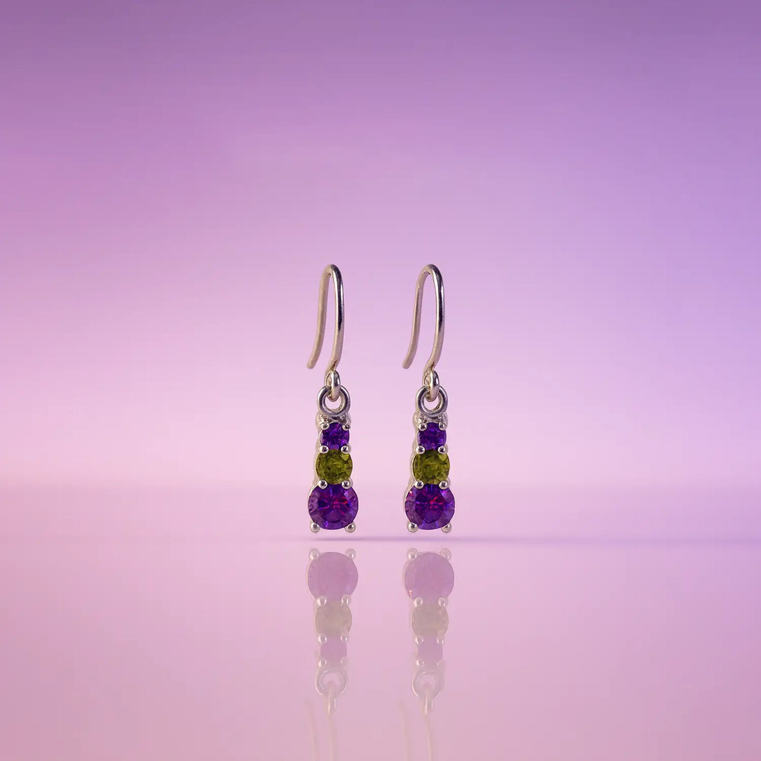 Pure Silver Drop Earrings with Amethyst & Peridot Accents- Made With Pure 925 Silver