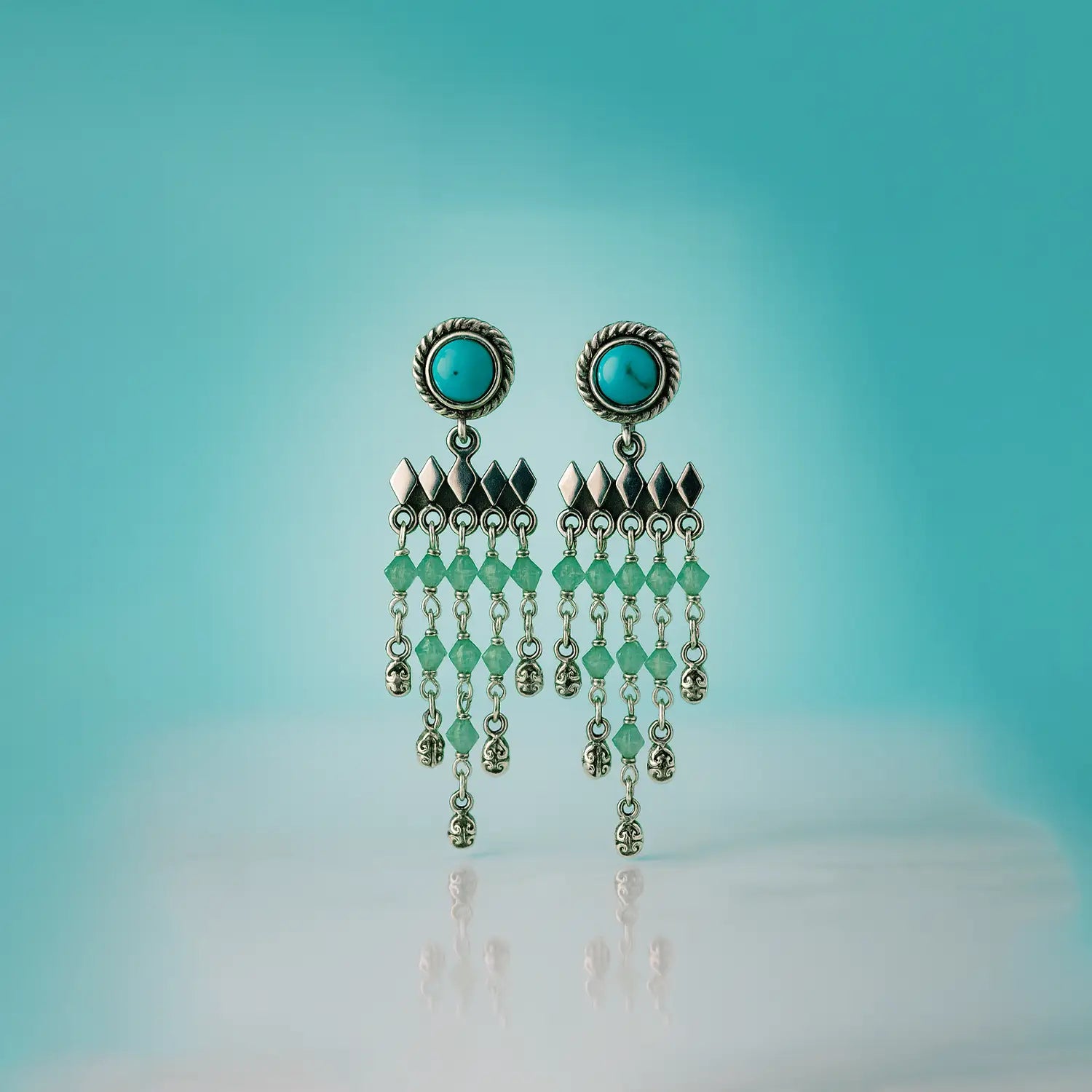 Silver Dangler Earrings with Turquoise & Green Beads- Made With Pure 925 Silver