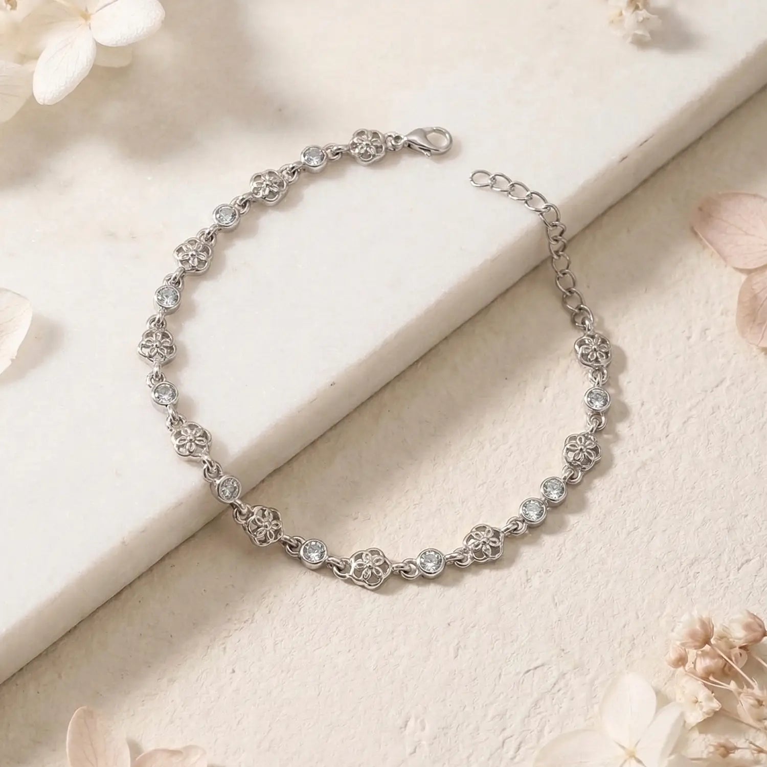 Elegant Floral CZ Chain Pure Silver Bracelet - Made With Pure 925 Silver