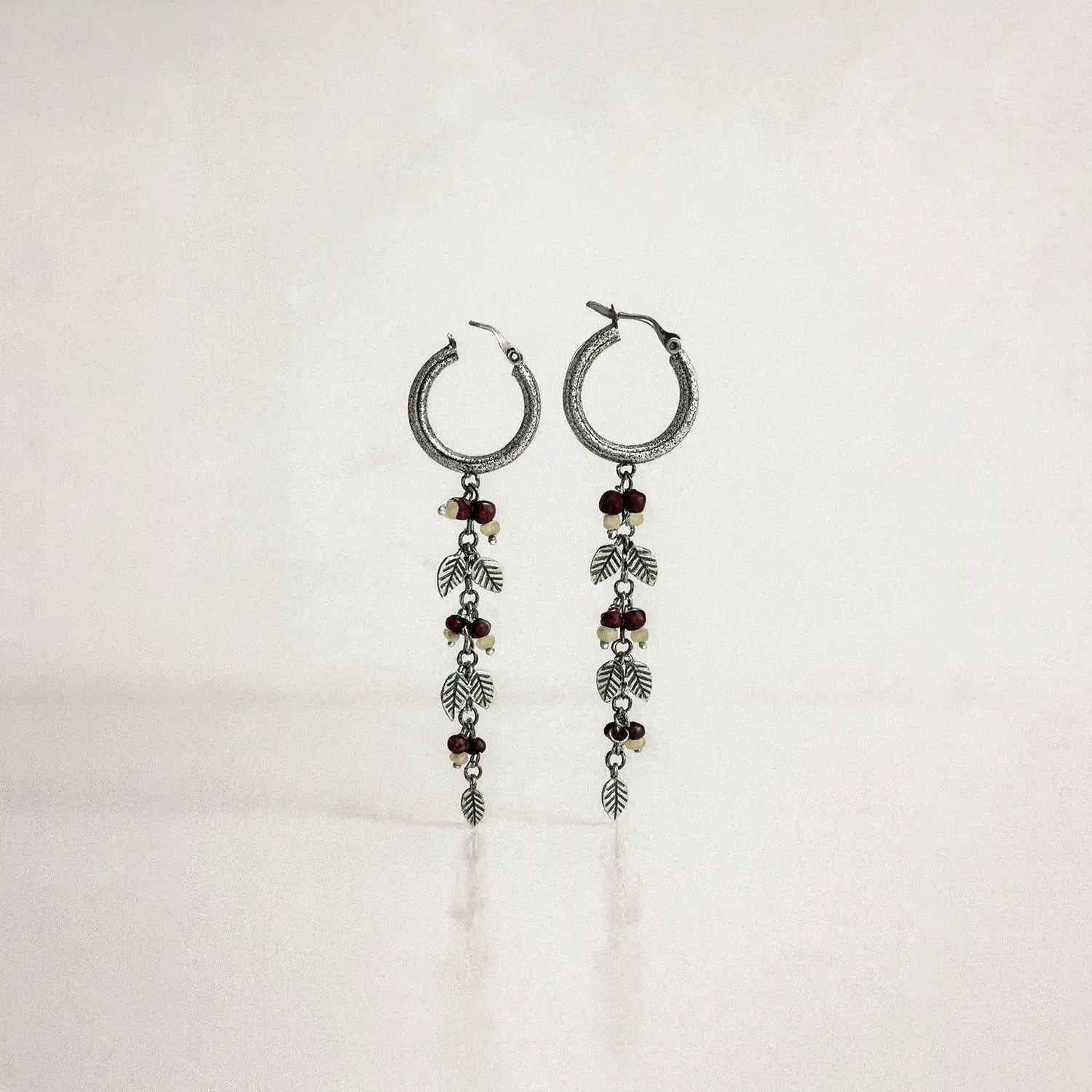 Silver Hoop Earrings with Leaf Charms & Beaded Drops- Made With Pure 925 Silver
