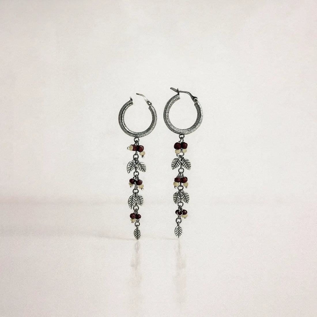 Silver Hoop Earrings with Leaf Charms & Beaded Drops- Made With Pure 925 Silver