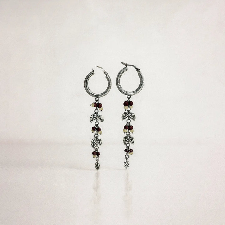 Silver Hoop Earrings with Leaf Charms & Beaded Drops- Made With Pure 925 Silver