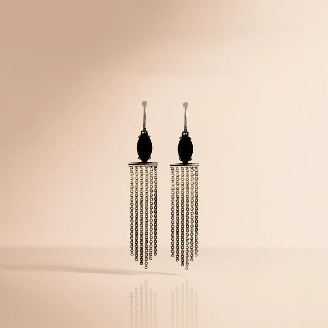 Pure Silver Chain Tassel Earrings with Black Stone- Made With Pure 925 Silver
