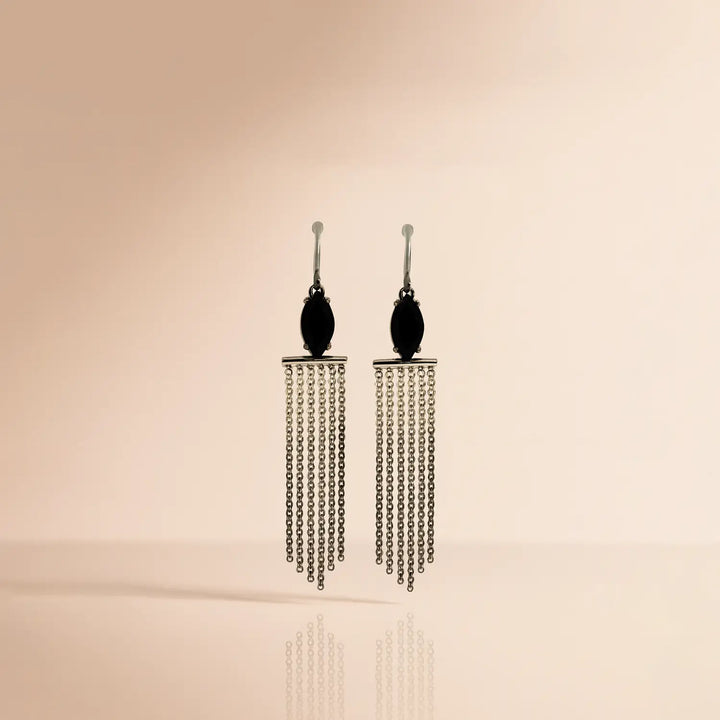 Pure Silver Chain Tassel Earrings with Black Stone- Made With Pure 925 Silver