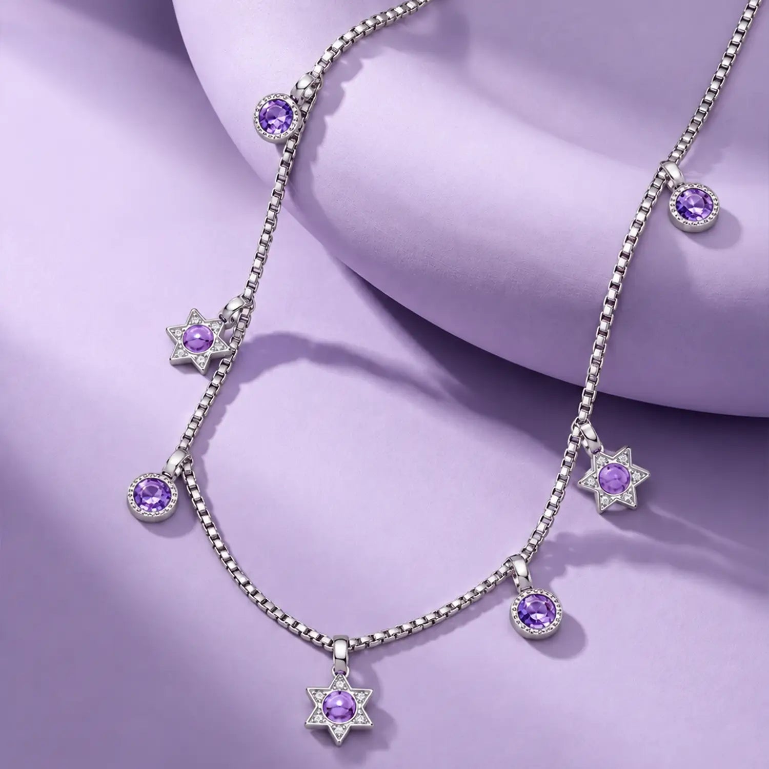 Purple Star & Round Stone Charm Silver Chain - Made With Pure 925 Silver
