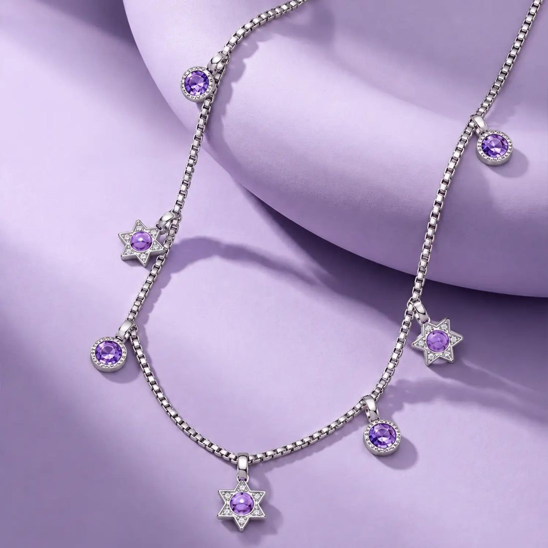 Purple Star & Round Stone Charm Silver Chain - Made With Pure 925 Silver