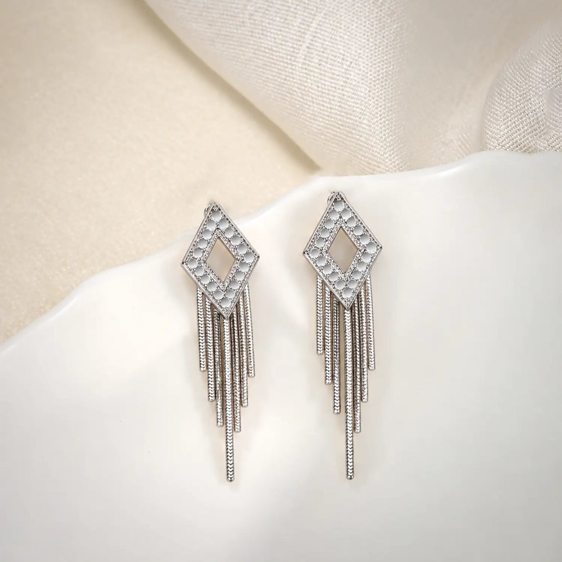 Elegant Geometric Chain Drop Silver Earrings - Made With Pure 925 Silver
