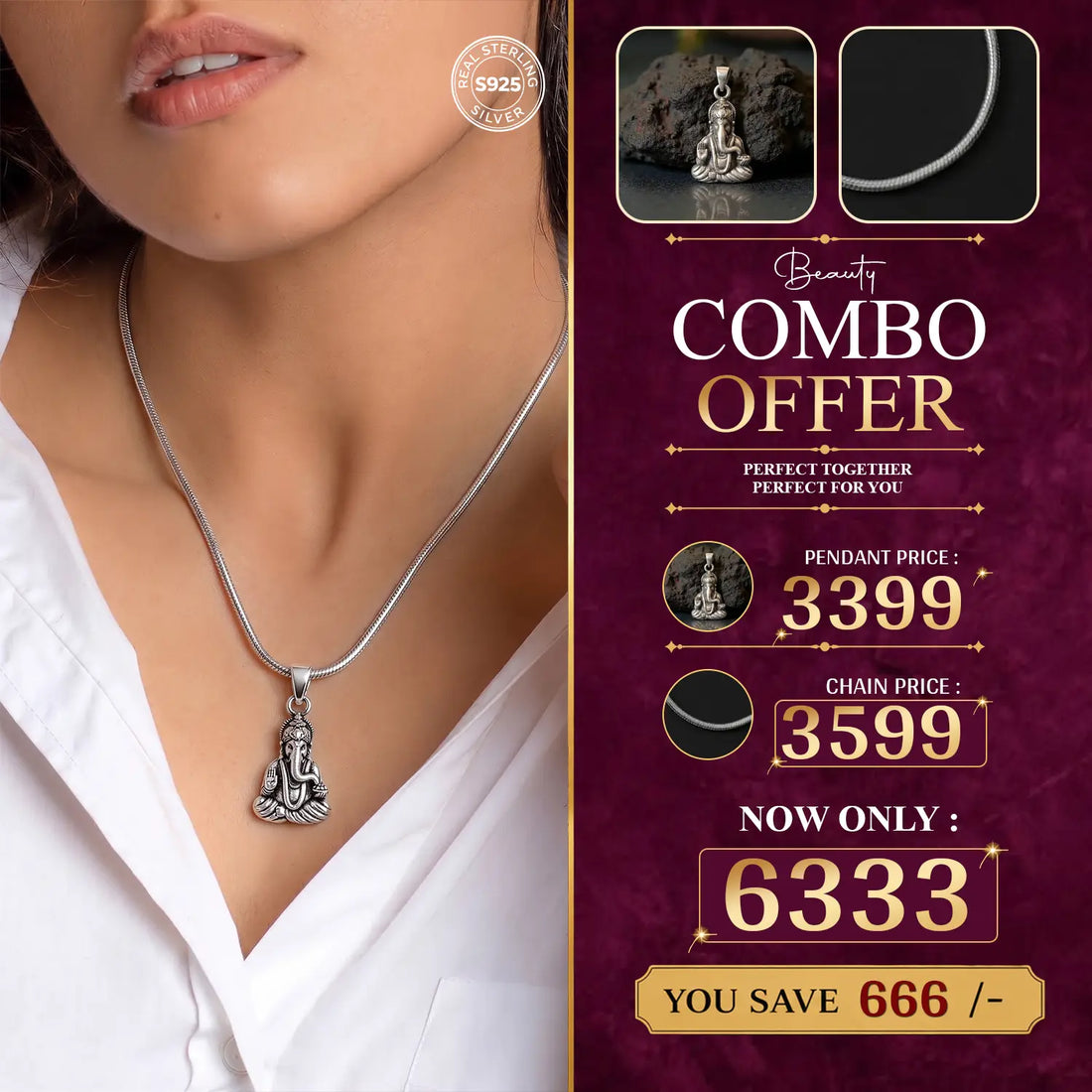 Meditative Lord Ganesha Pendant with Silver Chain – Spiritual & Elegant Combo - Made With Pure 925 Silver