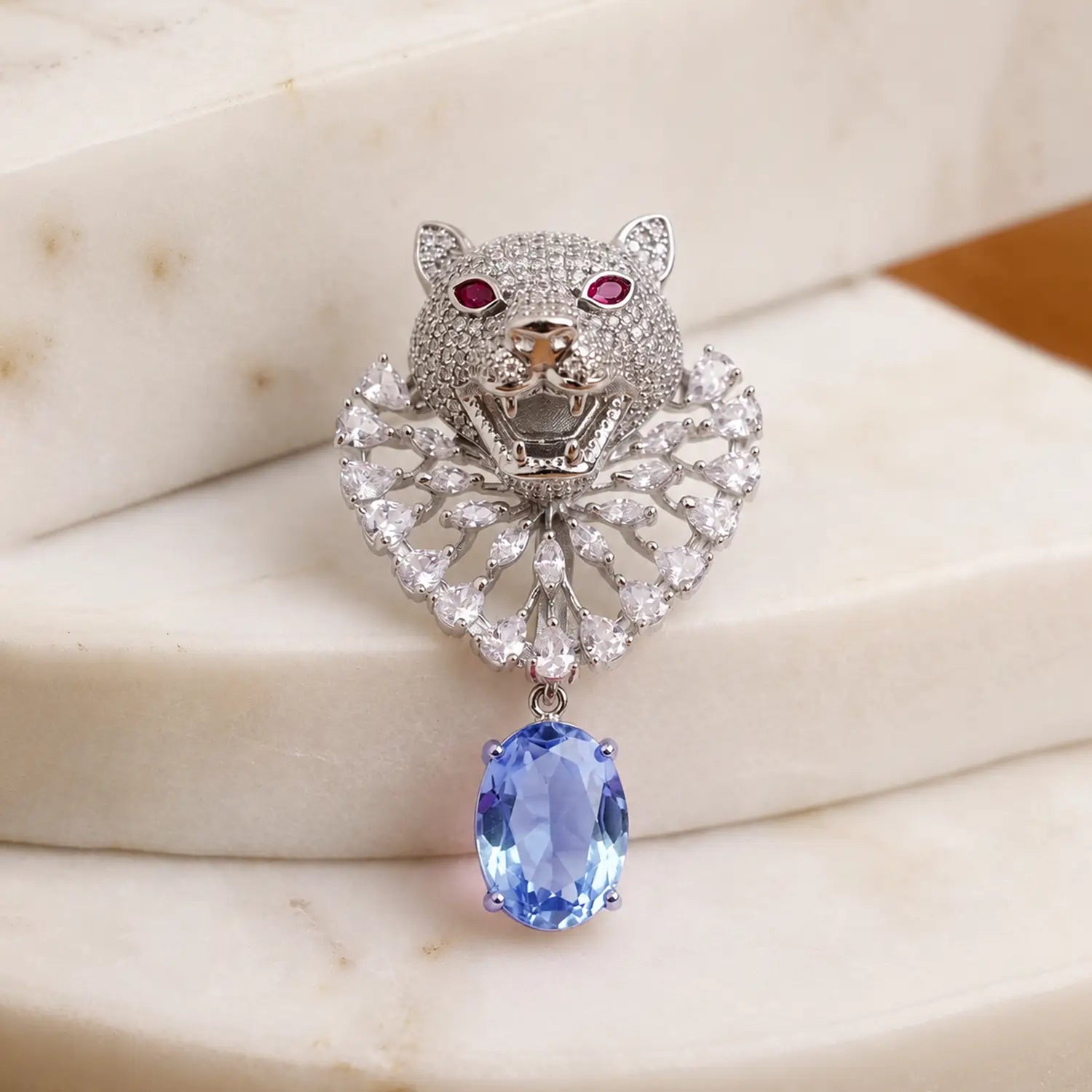 Royal Panther Blue Crystal Silver Brooch - Made With Pure 925 Silver