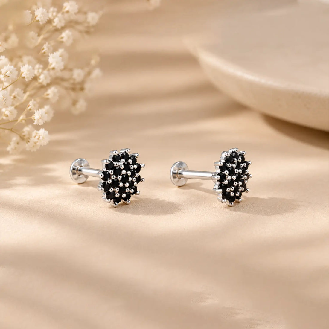 Black Onyx Floral 925 Silver Stud Earrings - Made With Pure 925 Silver