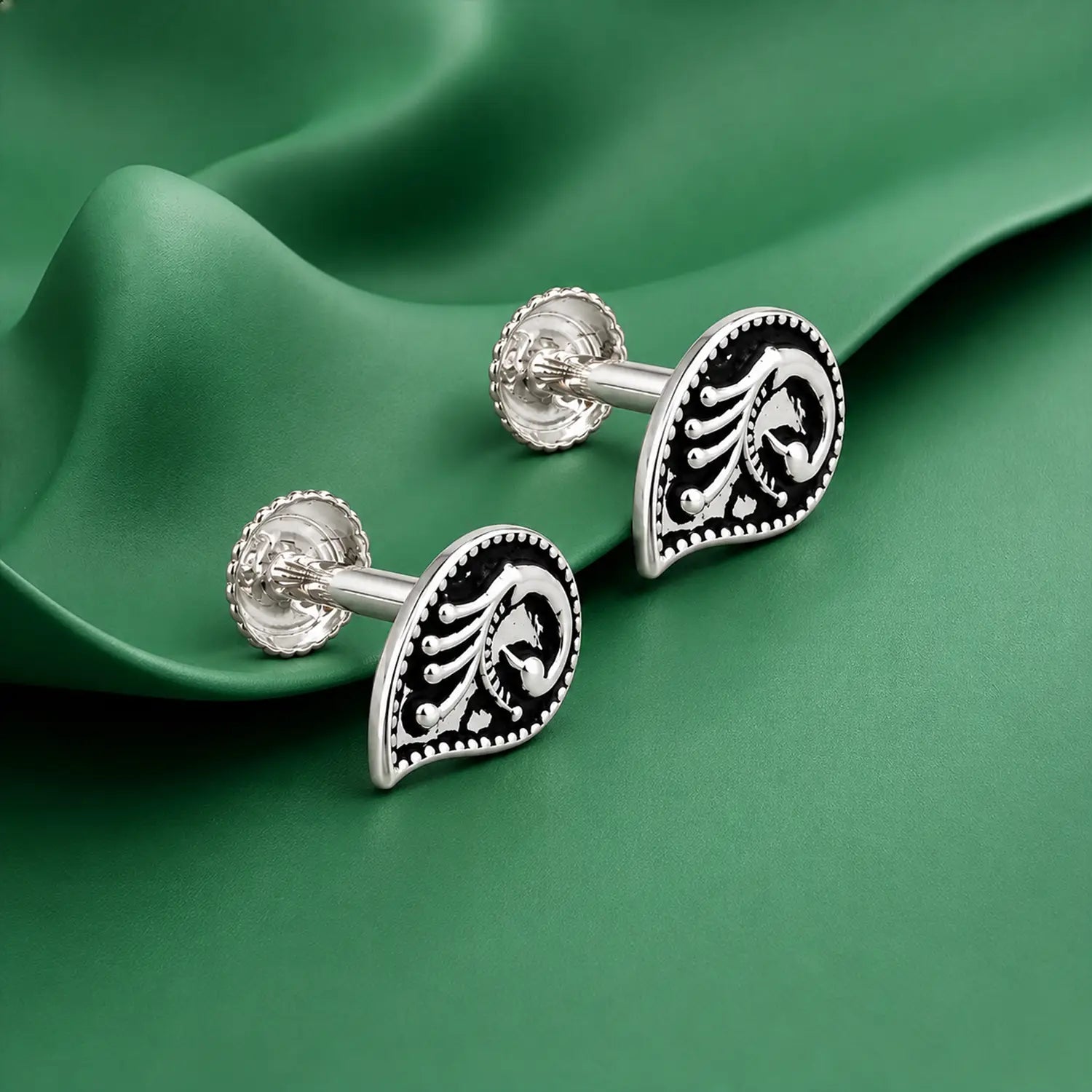 Royal Paisley Oxidised Silver Stud Earrings - Made With Pure 925 Silver