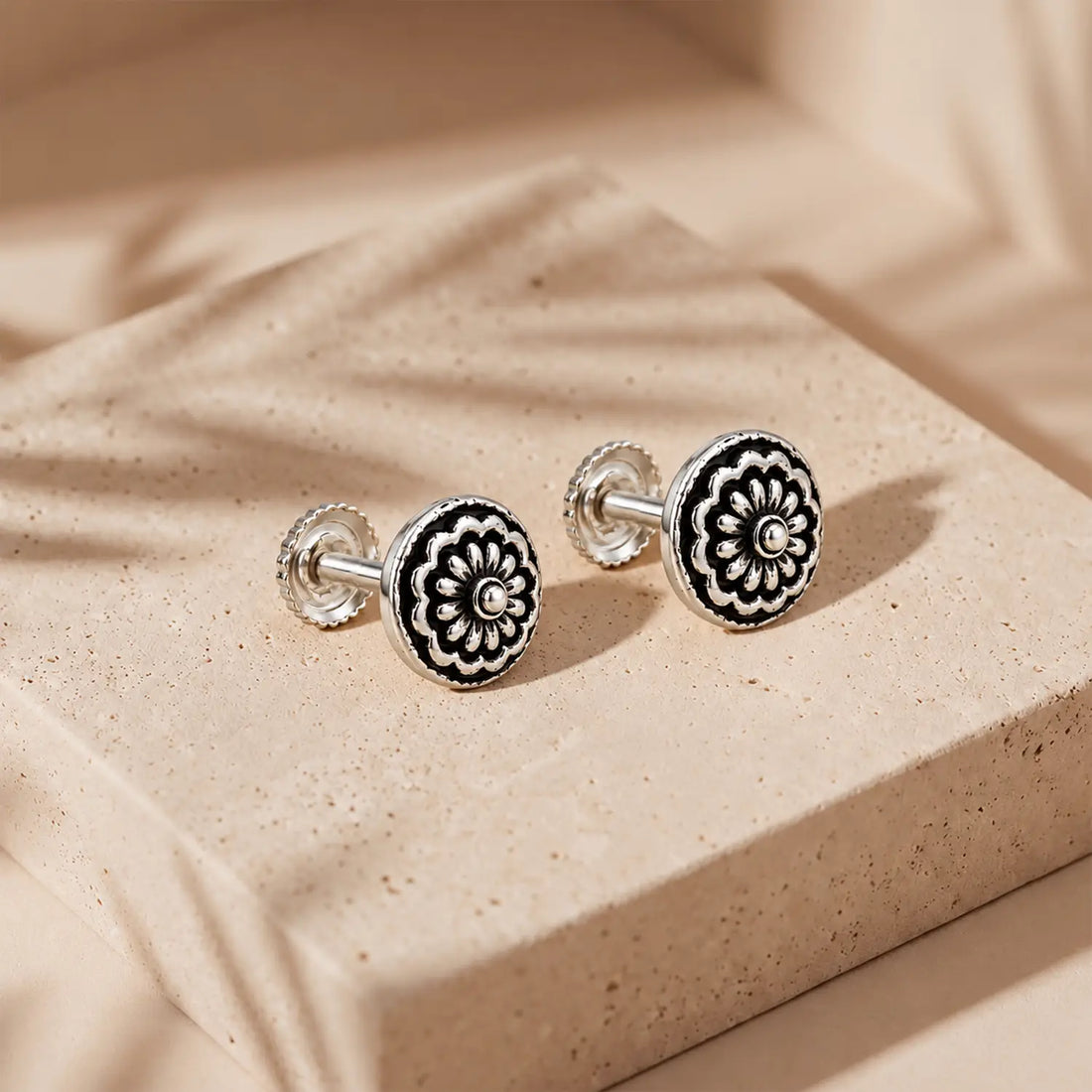 Royal Bloom Oxidised Silver Stud Earrings - Made With Pure 925 Silver