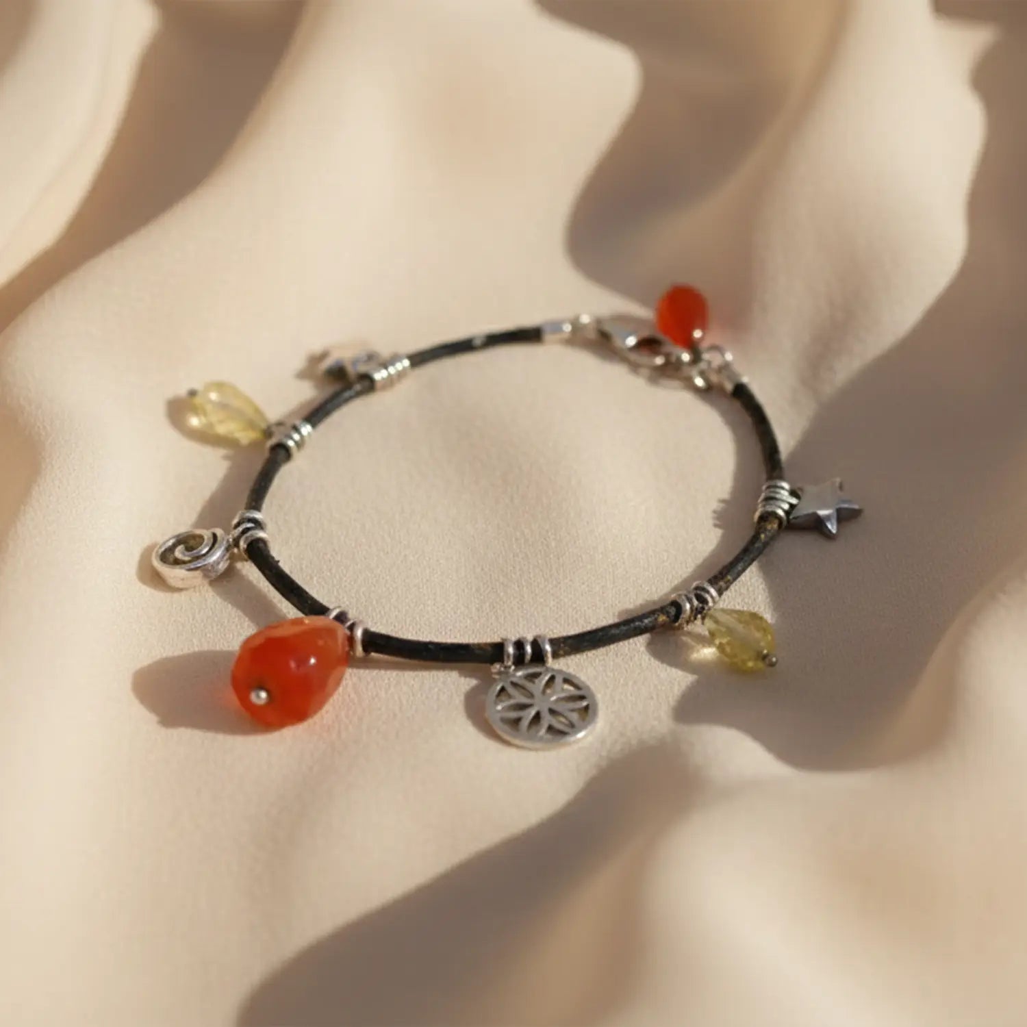 Carnelian & Citrine Charm Black Cord Pure Silver Bracelet - Made With Pure 925 Silver