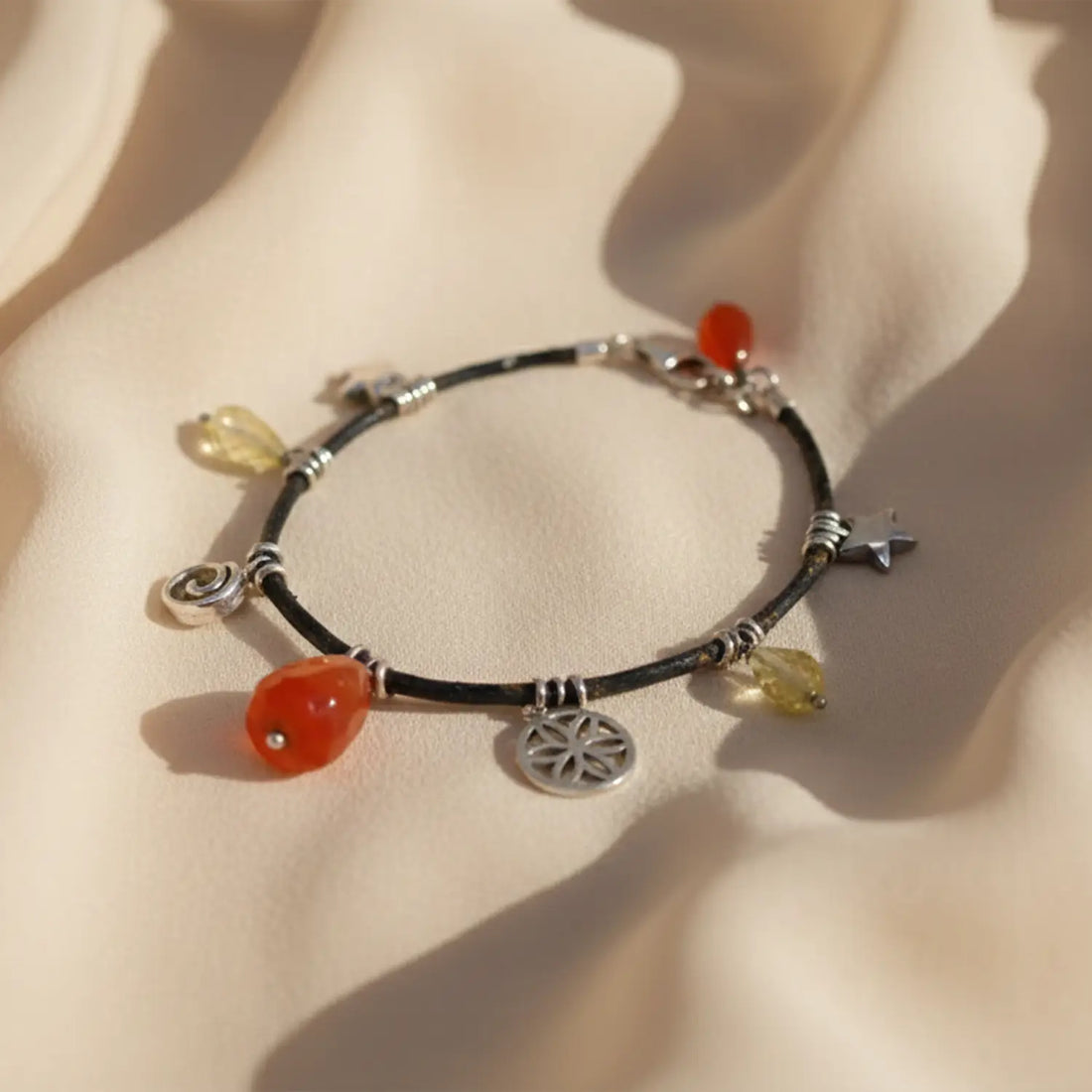 Carnelian & Citrine Charm Black Cord Pure Silver Bracelet - Made With Pure 925 Silver