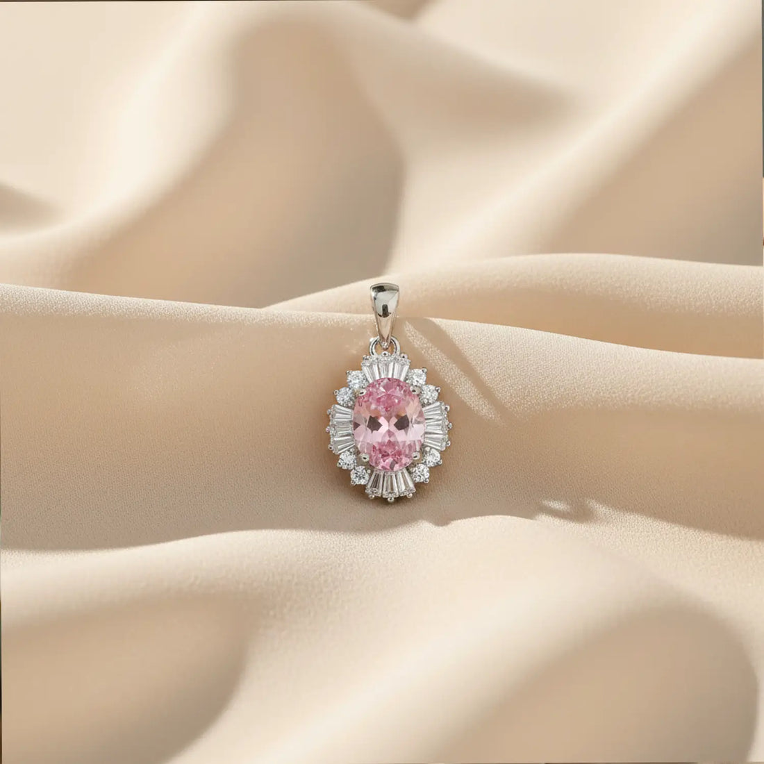 Pure Silver Pink Oval Stone Pendant - Made With Pure 925 Silver