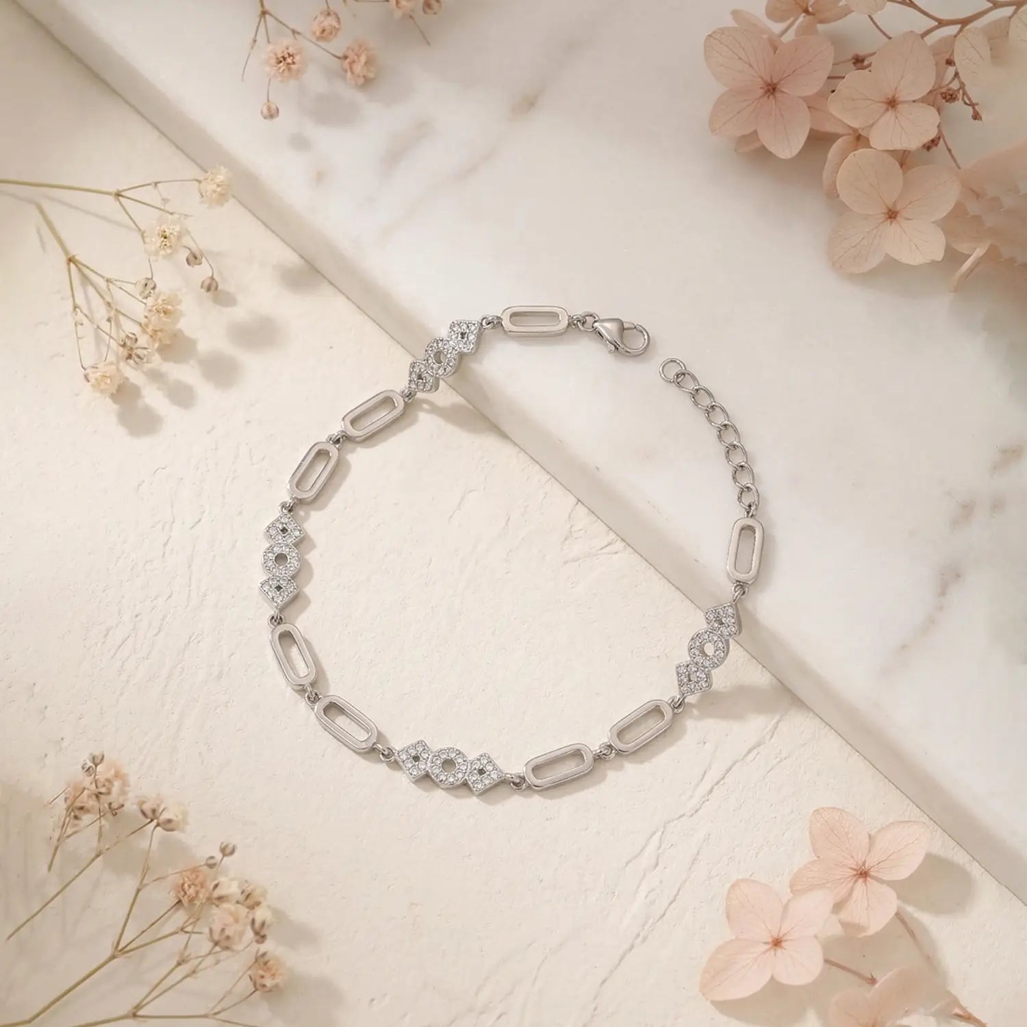 Elegant Geometric Link CZ Pure Silver Bracelet - Made With Pure 925 Silver