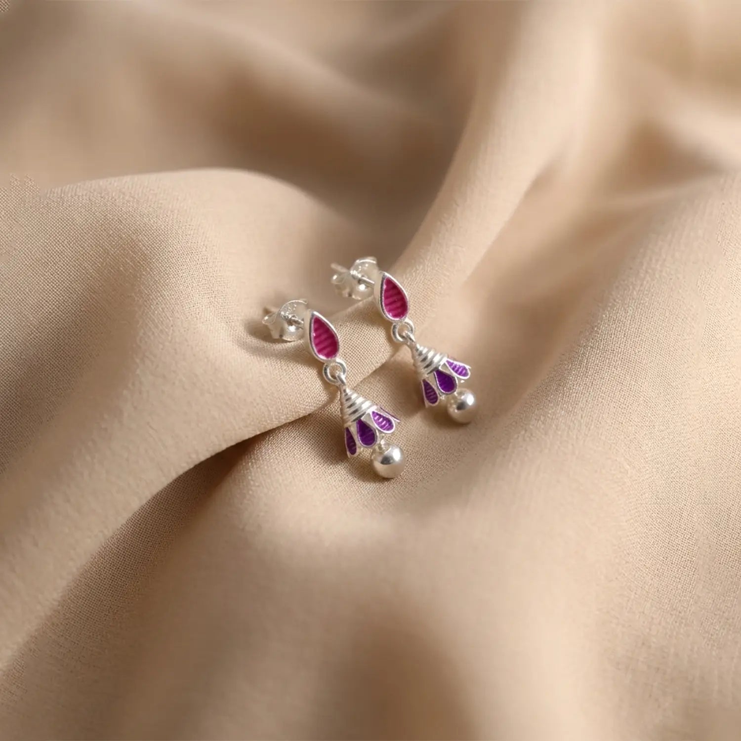 Pink & Purple Drop Pure Silver Jhumki Earrings - Made With Pure 925 Silver
