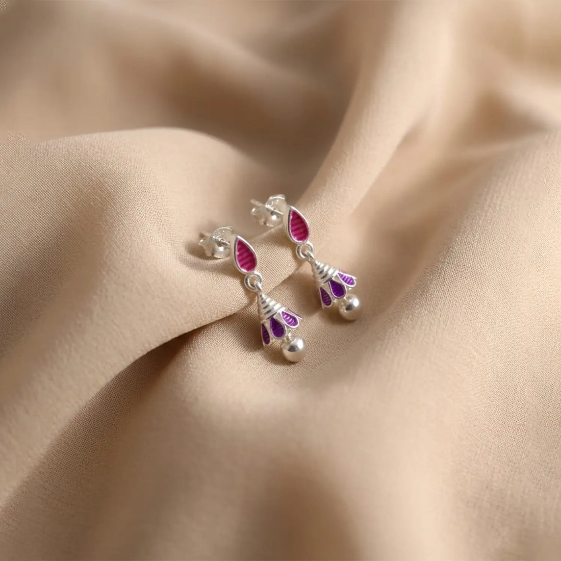 Pink & Purple Drop Pure Silver Jhumki Earrings - Made With Pure 925 Silver