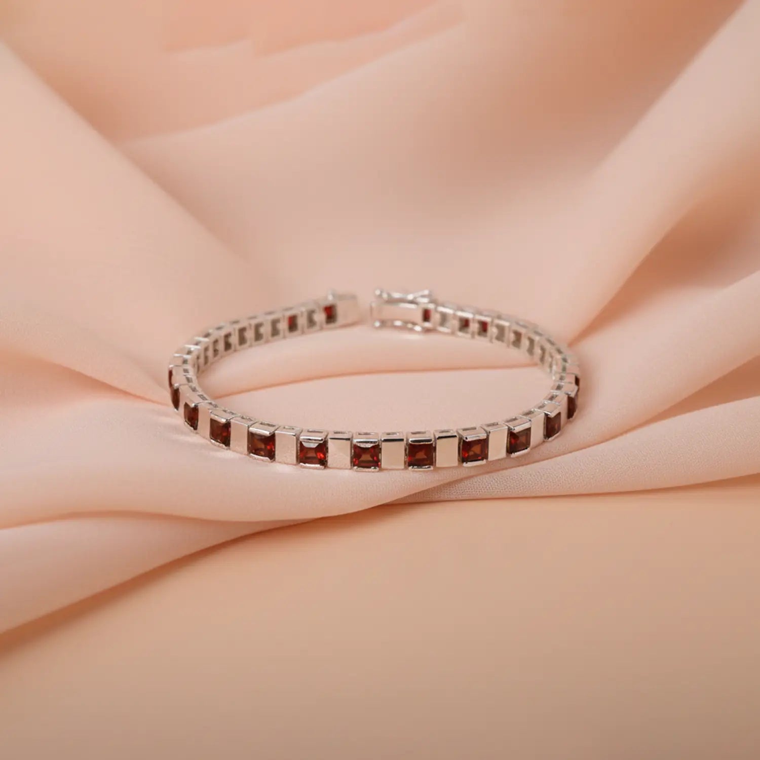 Ruby Square-Link Sterling Silver Bracelet- Made With Pure 925 Silver