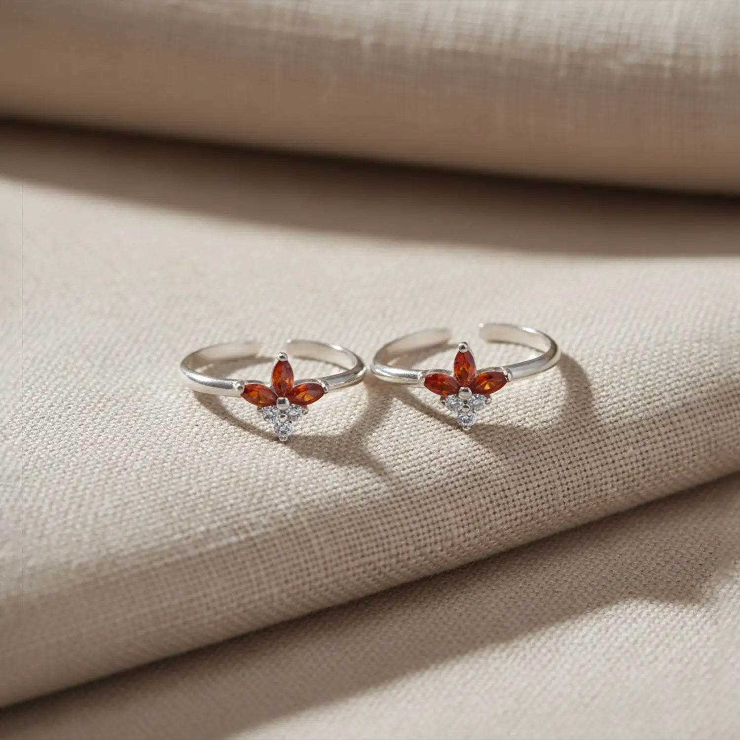 Elegant Floral Orange Stone Toe Rings - Made With Pure 925 Silver