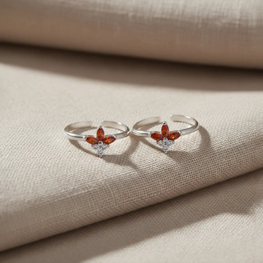 Elegant Floral Orange Stone Toe Rings - Made With Pure 925 Silver
