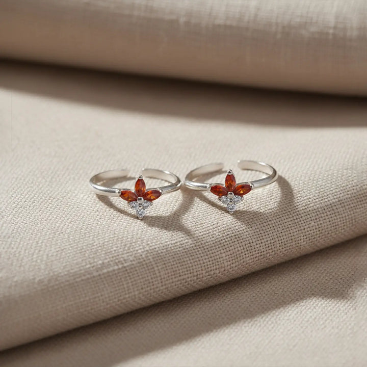 Elegant Floral Orange Stone Toe Rings - Made With Pure 925 Silver