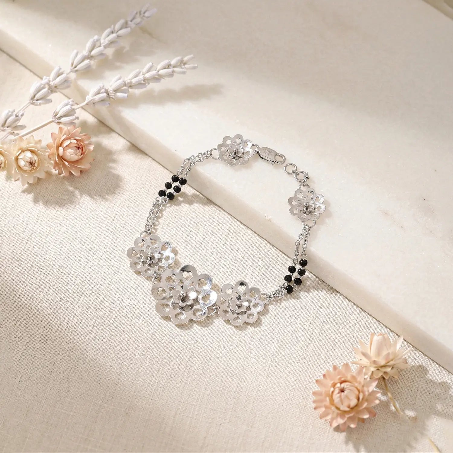 Floral Charm Mangalsutra Style Pure Silver Bracelet - Made With Pure 925 Silver
