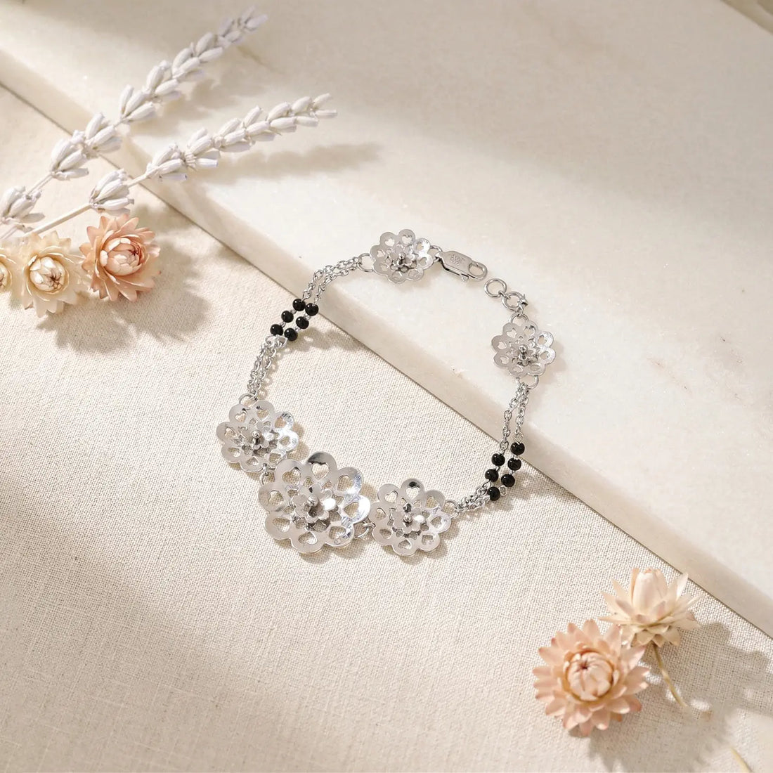 Floral Charm Mangalsutra Style Pure Silver Bracelet - Made With Pure 925 Silver