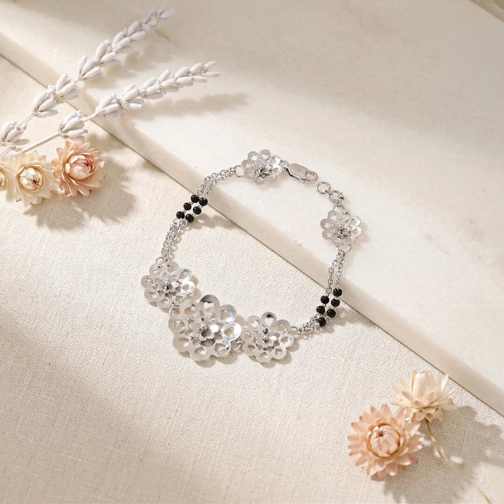 Floral Charm Mangalsutra Style Pure Silver Bracelet - Made With Pure 925 Silver