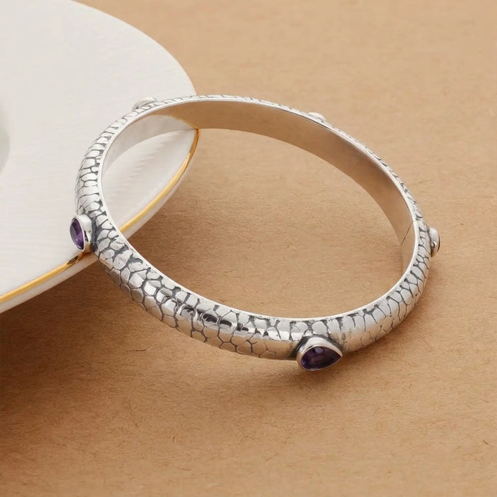 Textured Pure Silver Kada with  Purple Stones- Made With Pure 925 Silver