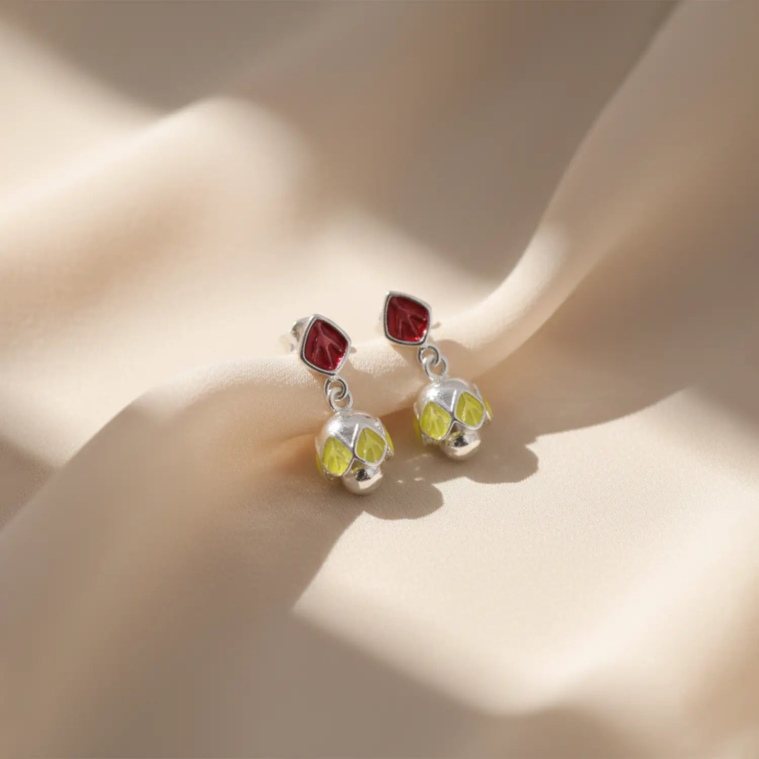Elegant Red & Lime Drop Pure Silver Jhumki Earrings - Made With Pure 925 Silver