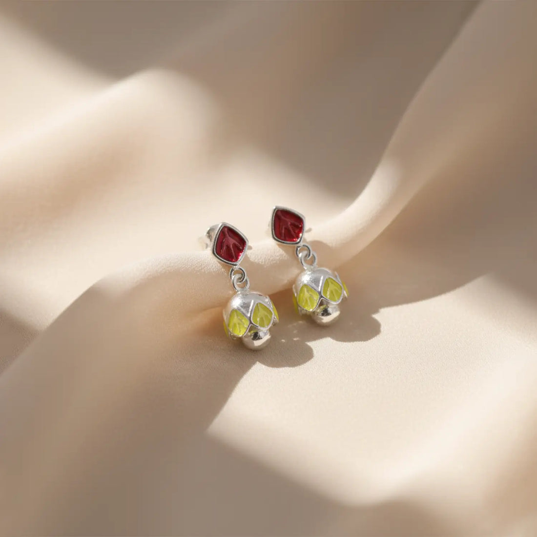 Elegant Red & Lime Drop Pure Silver Jhumki Earrings - Made With Pure 925 Silver