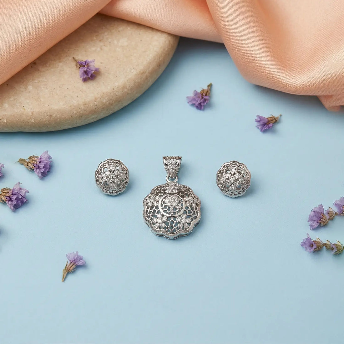 Elegant Floral Mandala Pure Silver Pendant & Earrings Set - Made With Pure 925 Silver