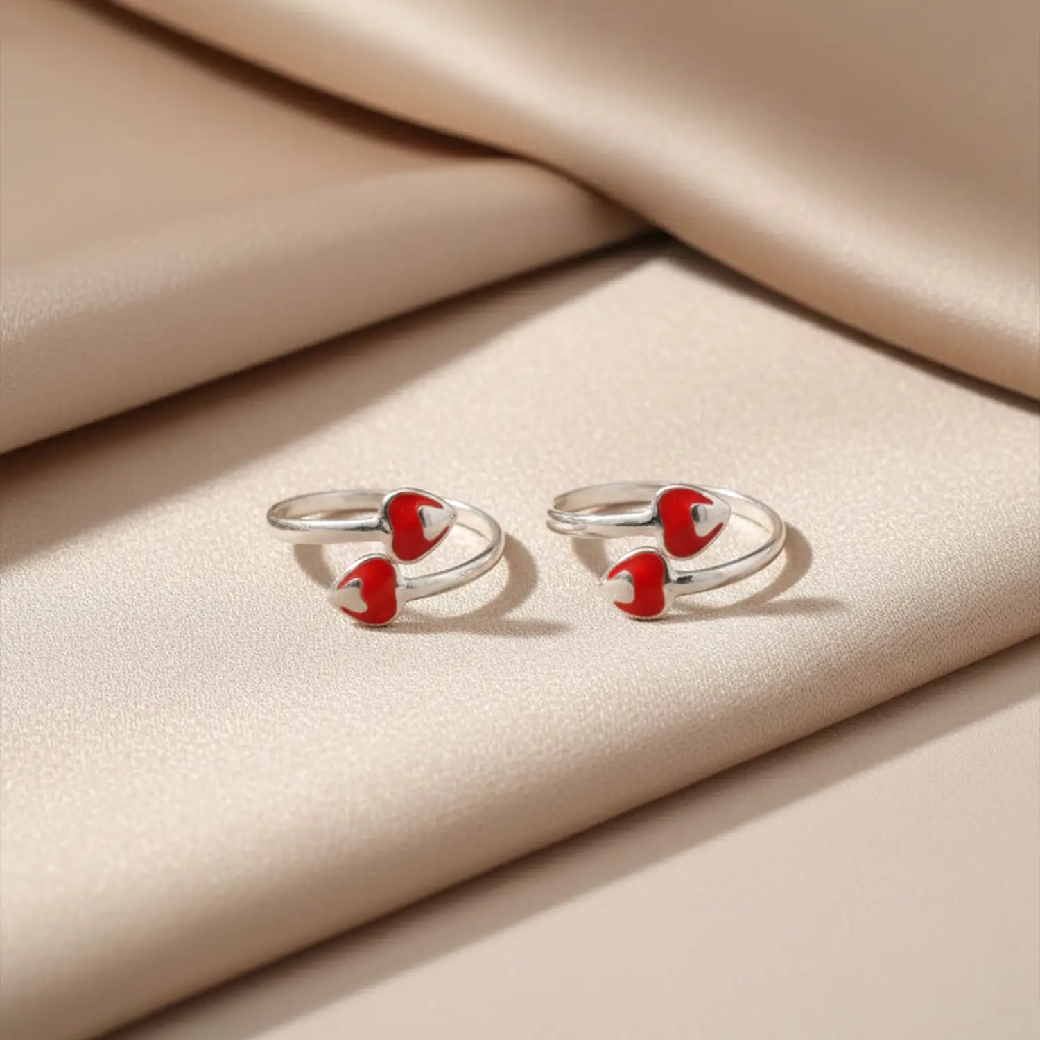 Cute Red Heart Adjustable Pure Silver Toe Rings- Made With Pure 925 Silver