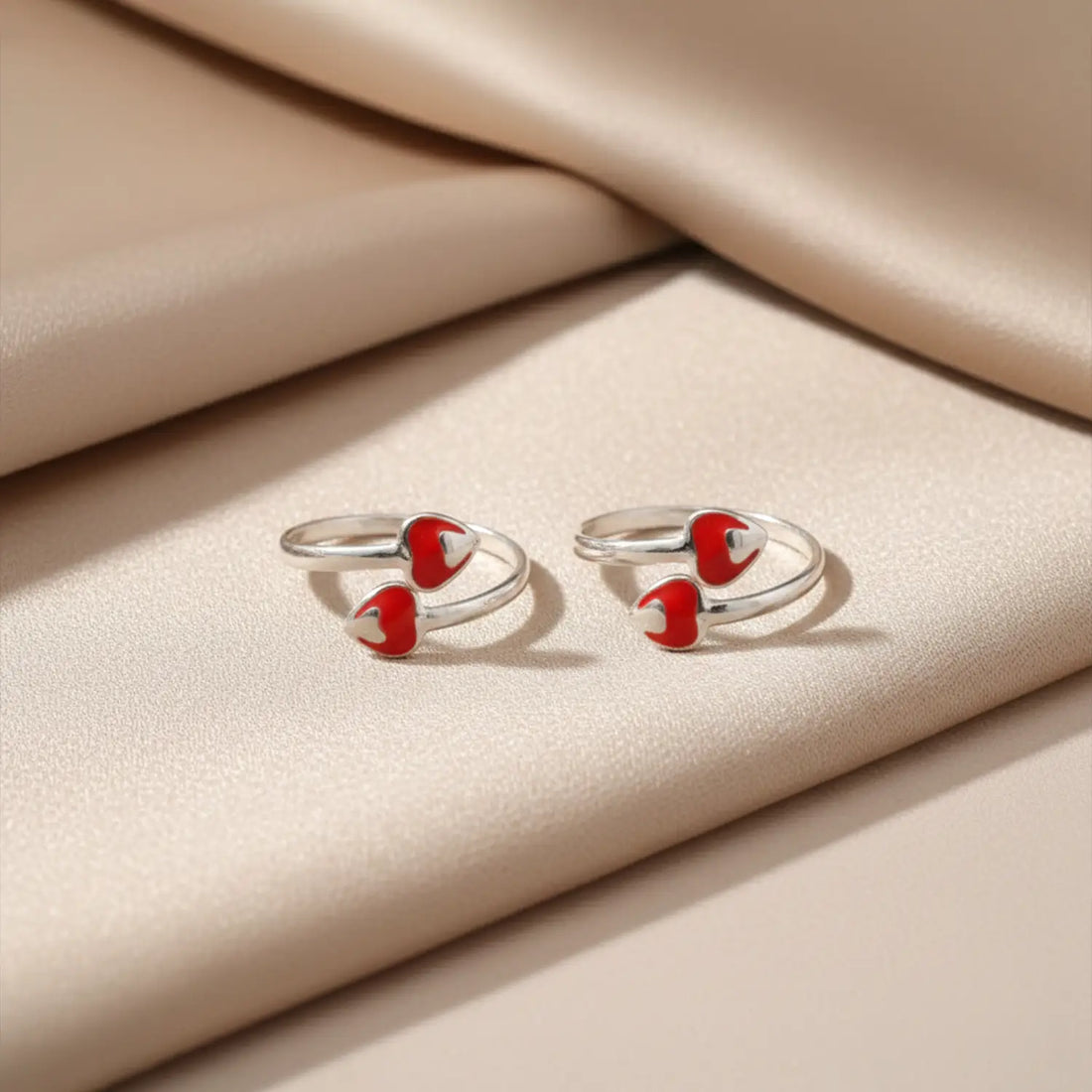 Cute Red Heart Adjustable Pure Silver Toe Rings- Made With Pure 925 Silver