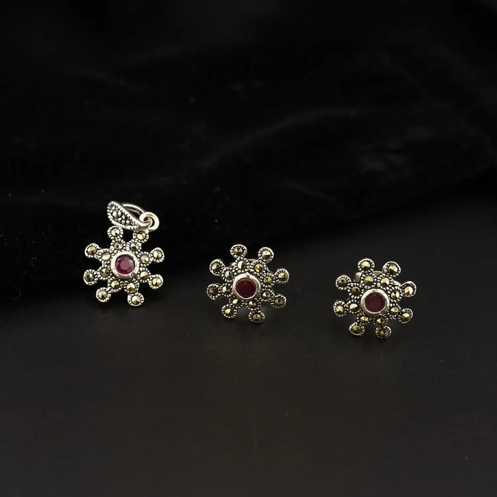 Vintage Ruby Floral 925 Silver Pendant Set - Made With Pure 925 Silver