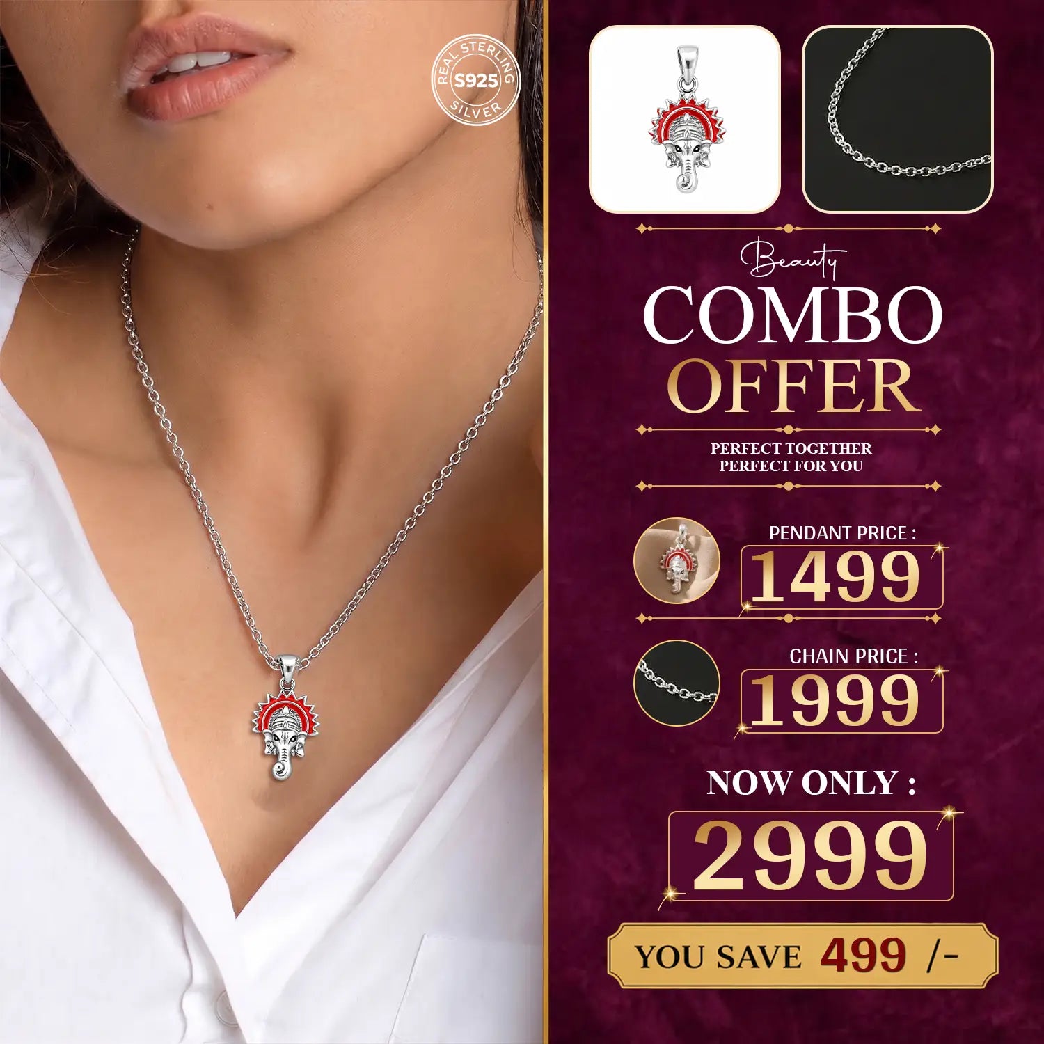 Lord Ganesha Red Enamel Pendant with Silver Chain – Spiritual & Elegant Combo - Made With Pure 925 Silver