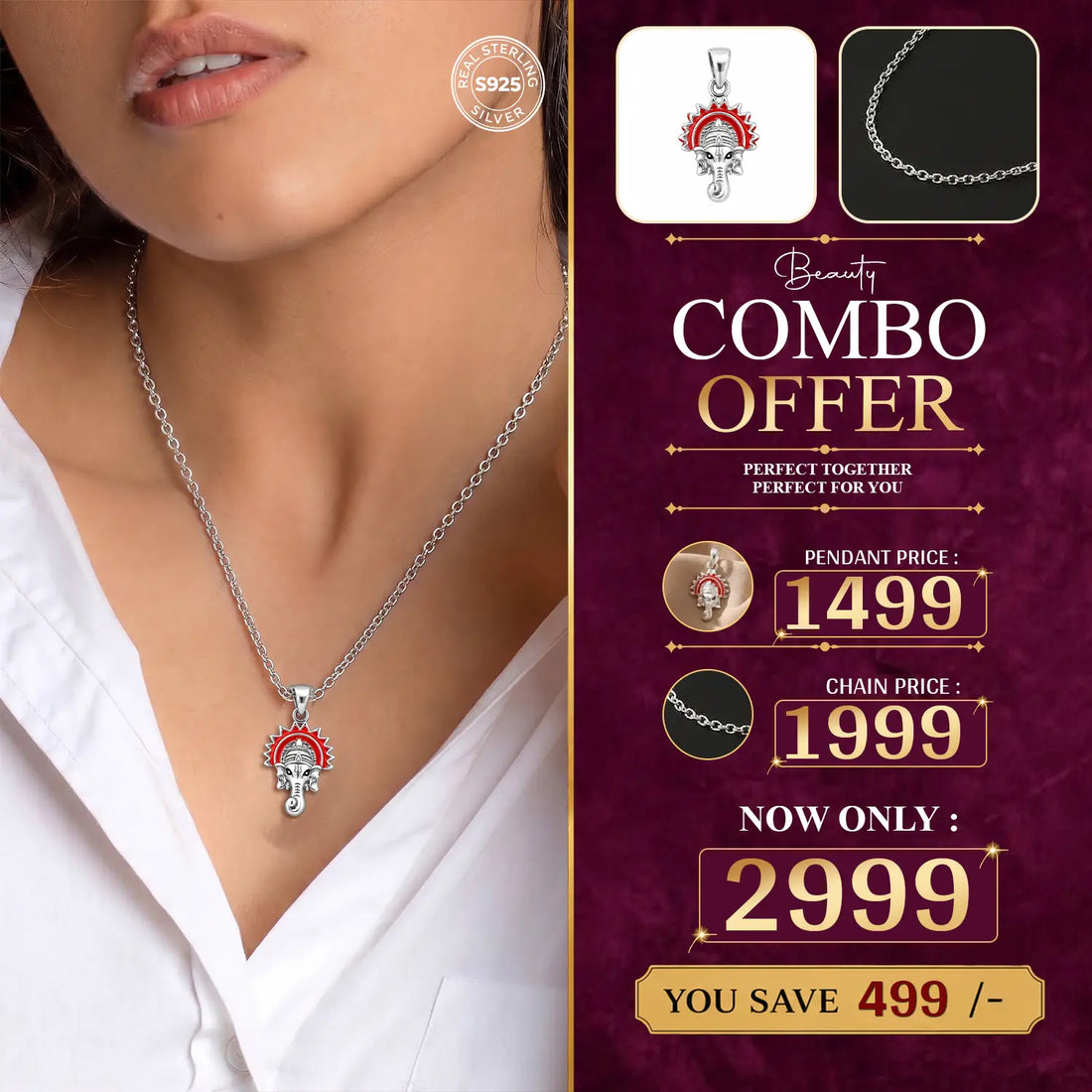 Lord Ganesha Red Enamel Pendant with Silver Chain – Spiritual & Elegant Combo - Made With Pure 925 Silver