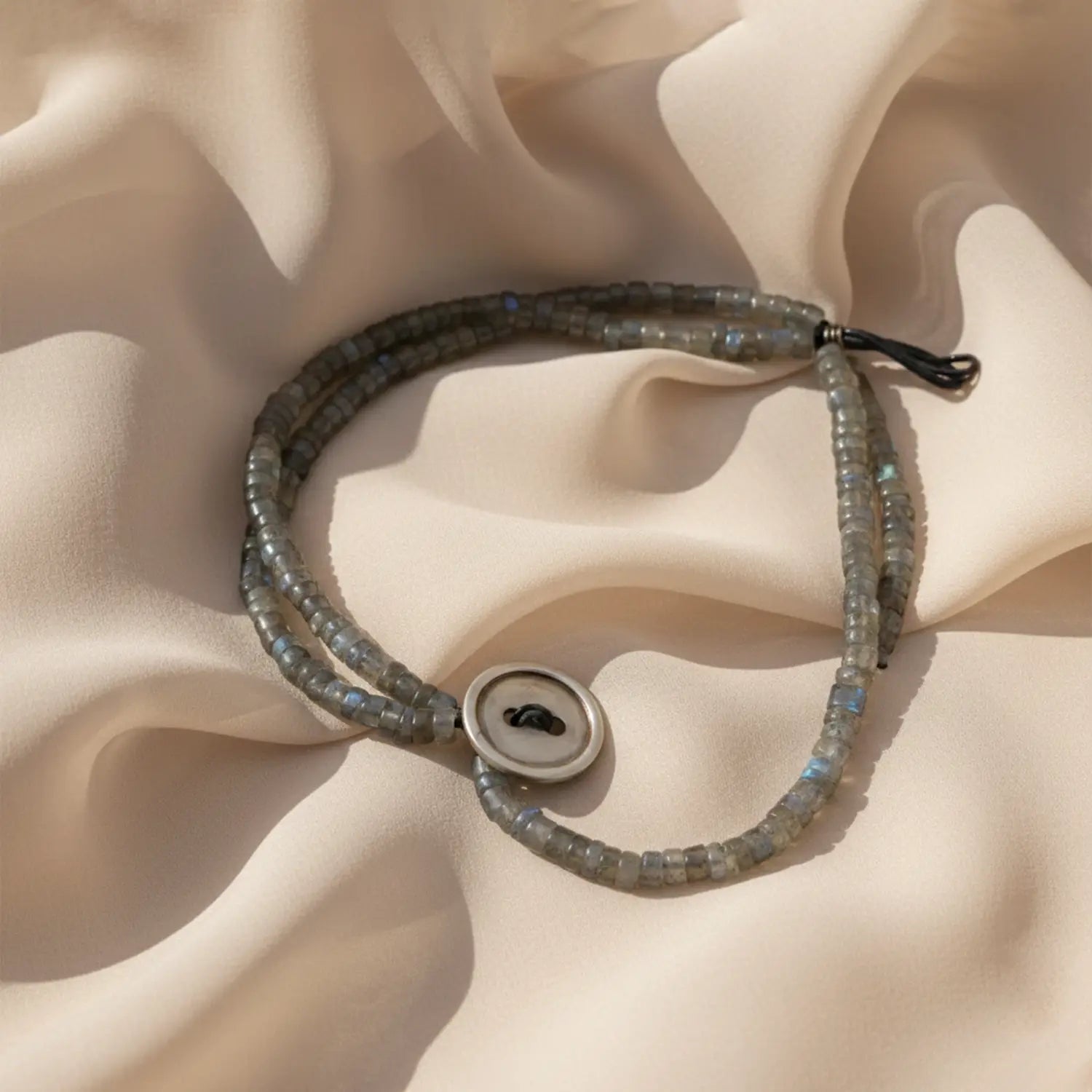 Natural Labradorite Beaded Silver Bracelet with Button Clasp- Made With Pure 925 Silver