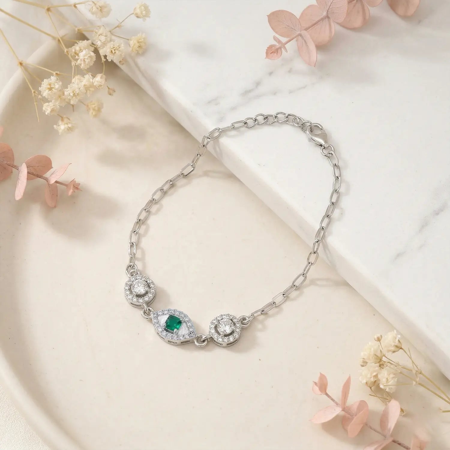 Elegant Emerald Drop CZ Pure Silver Bracelet - Made With Pure 925 Silver