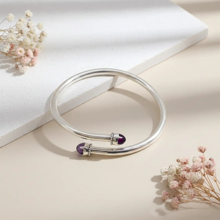 Amethyst Tip Openable Pure Silver Kada- Made With Pure 925 Silver